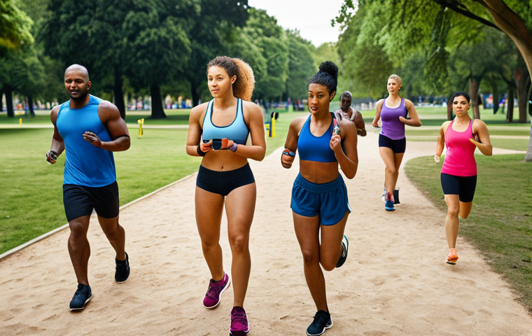 **
A group of diverse athletes participating in a gamified training session. Visualize them wearing fitness trackers and using a mobile app, displaying points and levels, creating a fun and competitive atmosphere in a park setting.
**